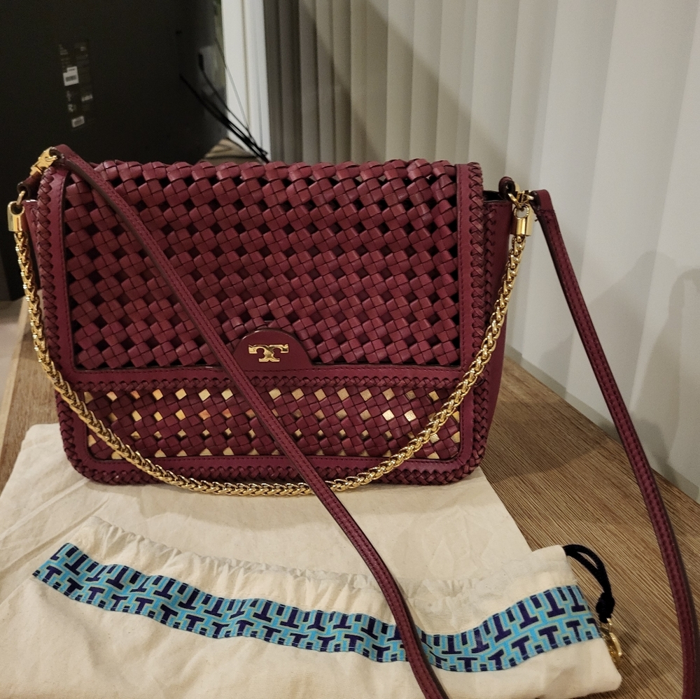 Tory Burch Erica Weave Flap Shoulder Bag Cabernet $595+